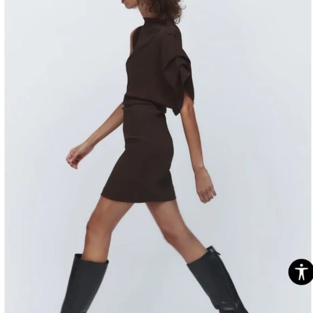 ZARA WOMEN'S DRAPED ASYMMETRIC BROWN MINI PARTY COCKTAIL DRESS XS NWOT - Picture 3 of 3